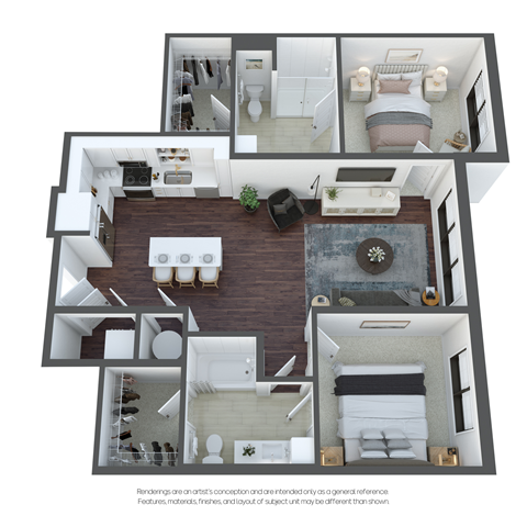 a spacious two bedroom apartment with two bathrooms and a living room with a kitchen and dining area